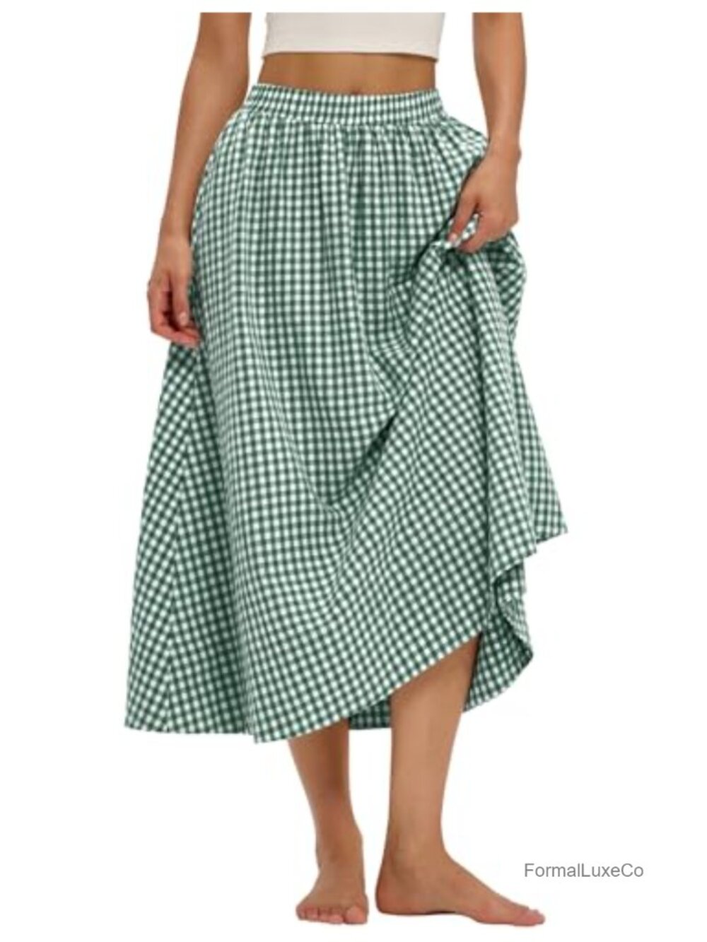 LOMON Midi Skirt A-Line Cotton Flowy Elastic Waist Pockets